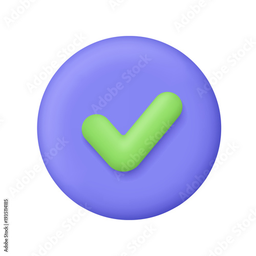 Green check mark on purple circle button. Done mark, yes or correct sign. Approval, success and confirmation concept. 3d vector icon. Cartoon minimal style.
