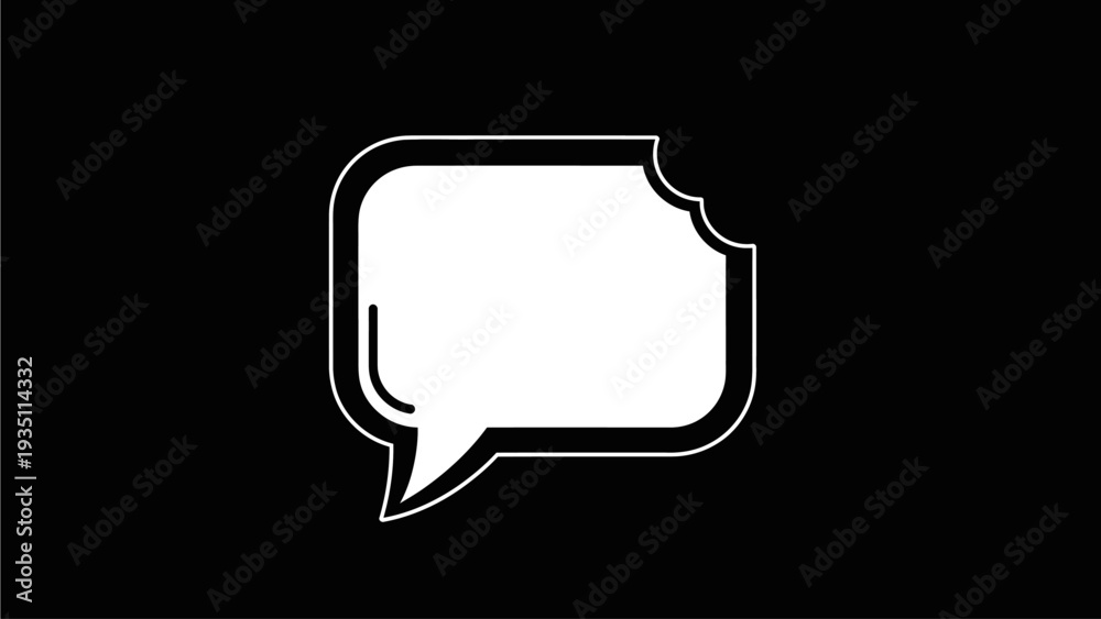 Fototapeta premium Monochrome graphic of a speech bubble icon with a bite mark on a black background, symbolizing communication errors, censored thoughts, or a snack.