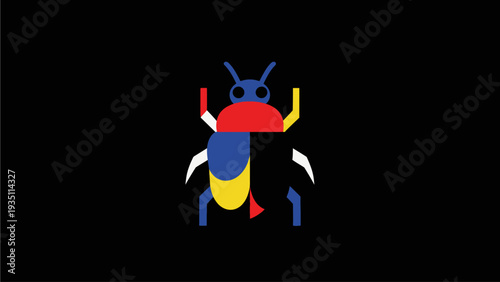 Stylized geometric insect illustration in vibrant primary colors on a sleek black background. Modern abstract beetle design.