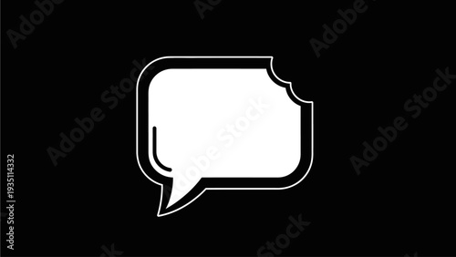 Monochrome graphic of a speech bubble icon with a bite mark on a black background, symbolizing communication errors, censored thoughts, or a snack.