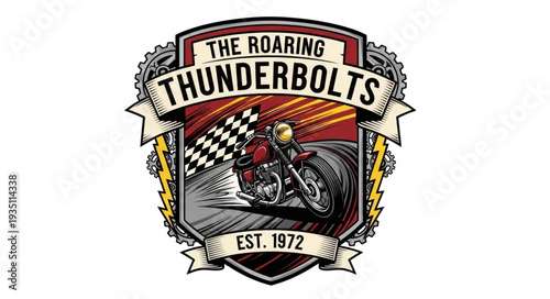 The Roaring Thunderbolts motorcycle club emblem with checkered flag and rider.