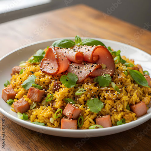 Ham fried rice with herbs and spices