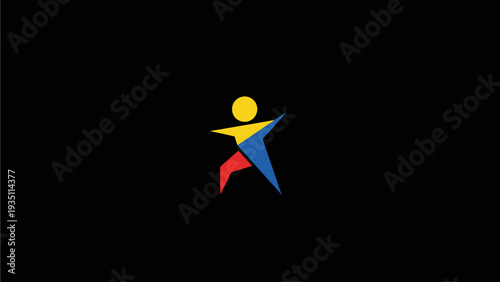 Modern abstract graphic icon of a person or star in motion, vibrant colorful design on a black background.