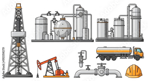 Oil Refinery Equipment and Machinery Icons.