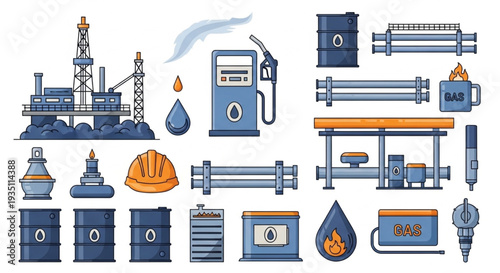 Oil Refinery Equipment and Machinery Icons.