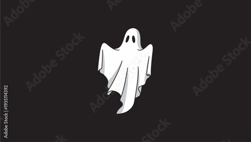 Cute Cartoon Ghost Illustration on Dark Background. Spooky Halloween Spirit Character for Holiday Design and Decorations.