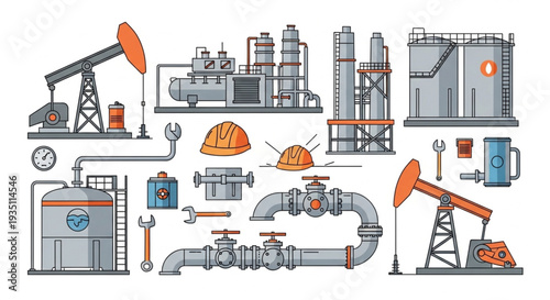 Oil Refinery Equipment and Machinery Illustration.