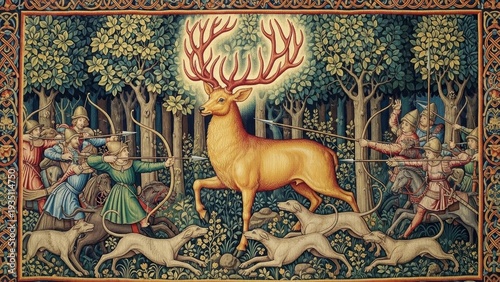 Golden Deer in the Woods: An enchanting tapestry depicts a resplendent golden deer, its antlers radiating light, amidst a lush forest scene, pursued by archers and hounds.