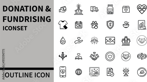 Donation & Fundraising Glyph Icon Set.  A Collection of Icons for Charitable Giving, Crowdfunding, and Nonprofit Causes