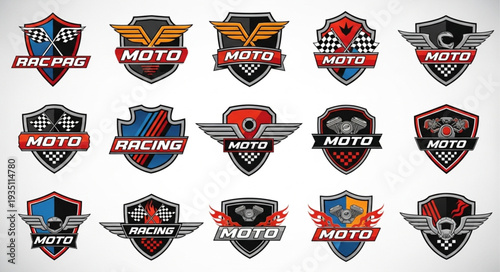 Collection of motorcycle racing emblems and badges with wings and checkered flags.