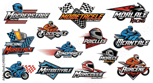 Motorcycle racing logos and emblems collection with checkered flags and riders.