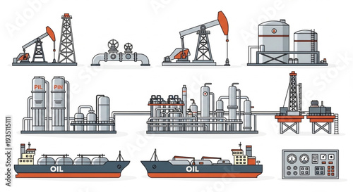 Oil Refinery and Tanker Ships Illustration.