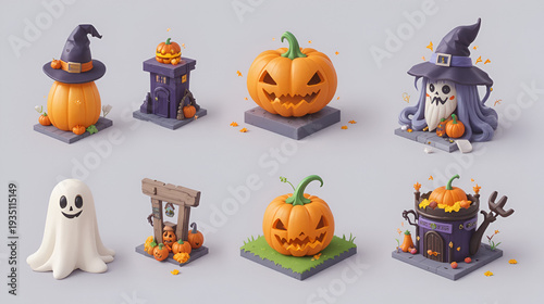 Halloween isometric icon set. Vector pumpkin and ghost collection. Spooky jack-o-lantern. Cute spirit character. Autumn holiday symbol. Modern 3d style. October celebration concept.