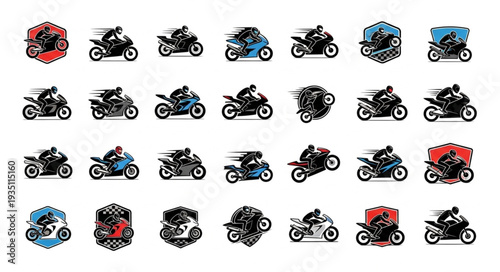 Motorcycle illustrations showcasing various designs and rider positions, dynamic action.