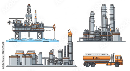 Oil Refinery and Tanker Truck Illustration.
