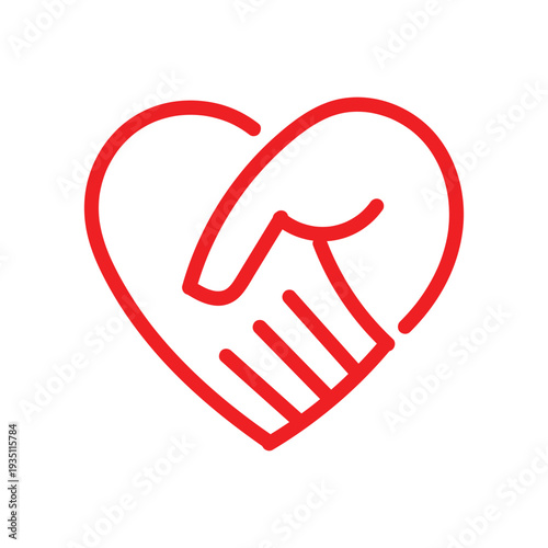 Handshake agreement friendly partnership deal, corporate trust contract thin outline icon. Minimalist line symbol heart shape made from two shaking hands. Vector isolated pictogram for web and app.