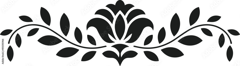 Obraz premium Black floral border silhouette with leaves and central bloom vector