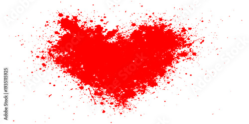 Grunge art illustration of a heart made of red paint splashes and ink splatters with a textured spray design on a decorative love backdrop