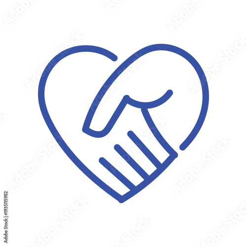 Handshake agreement friendly partnership deal, corporate trust contract thin outline icon. Minimalist line symbol heart shape made from two shaking hands. Vector isolated pictogram for web and app.