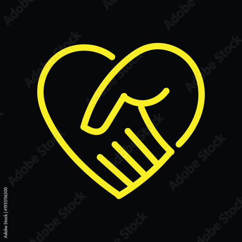 Handshake agreement friendly partnership deal, corporate trust contract thin outline icon. Minimalist line symbol heart shape made from two shaking hands. Vector isolated pictogram for web and app.