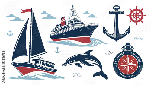 Nautical icons set with sailboat, cruise ship, anchor, dolphin, and compass