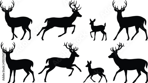 Deer silhouettes pattern, wildlife animal illustration, antler stag design, running deer artwork, standing doe vector, nature background, hunting symbol, decoration