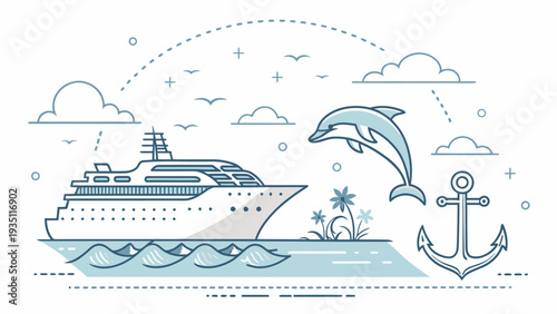 Luxury cruise ship sailing with dolphin and anchor