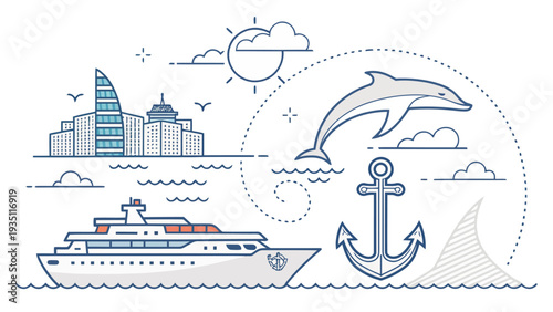 Serene ocean scene with cruise ship and dolphin jumping