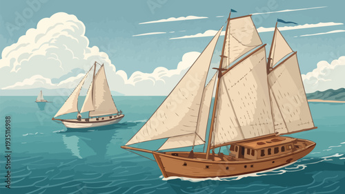 Sailing yachts cruising on calm turquoise waters under sunny skies