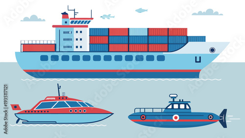 Cargo ship and boats sailing on the ocean for global trade and transportation