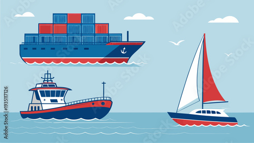 Cargo ship, tugboat, and sailboat on calm waters with clear blue sky