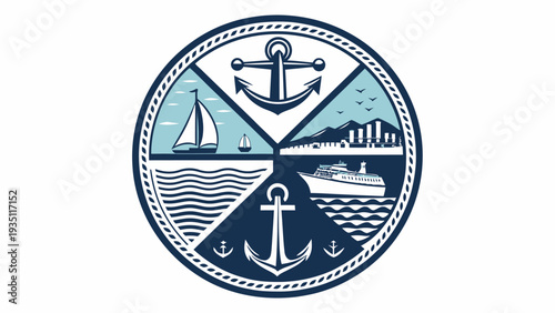 Nautical emblem with anchors and ships in circular design