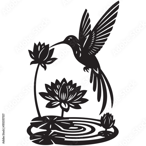 Silhouette of a hummingbird drinking nectar from lotus flowers in a pond.