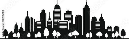 Black and white silhouette of a modern city skyline with trees in the foreground, graphic design element