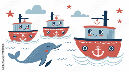 Cute cartoon boats and dolphin swimming in ocean with starfish and clouds
