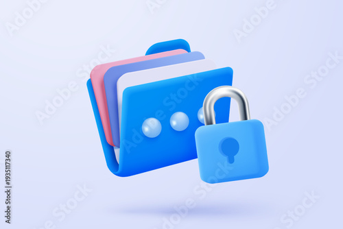 3d folder and paperwork for management file with shield protection, document organization work on project. Document with secret files icon. 3d folder secure protect icon vector render illustration