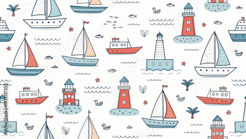 Coastal nautical illustration with lighthouses and sailboats