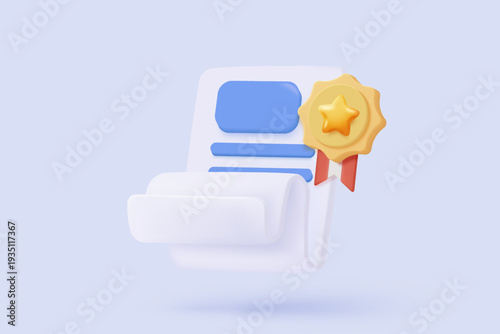 3d winner medal with star and ribbon on certificate. Quality guarantee of product champion award with cartoon minimal style. 3d winning rating icon vector rendering illustration