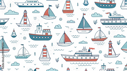 Vibrant nautical scene with sailboats and lighthouses on calm waters