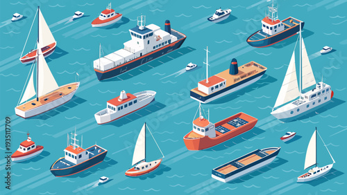 Vibrant boats and sailboats navigating through calm waters in a bustling harbor scene