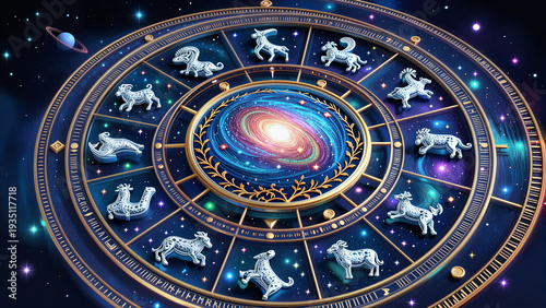 Wallpaper Mural Celestial Zodiac Wheel with glowing constellations and vibrant galaxy center. Torontodigital.ca