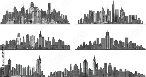 PrintCity skyline silhouettes, urban architecture icons, modern skyscraper shapes, metropolitan building design, blue vector illustration, cityscape art, downtown graphic pattern
