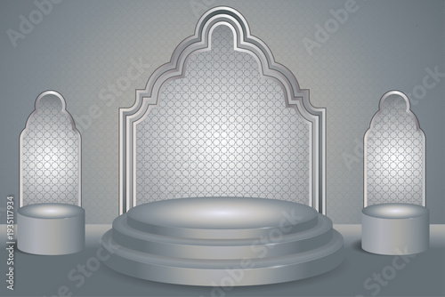 Elegant 3d podium set with triple Islamic archesand geometric pattern background for product display
