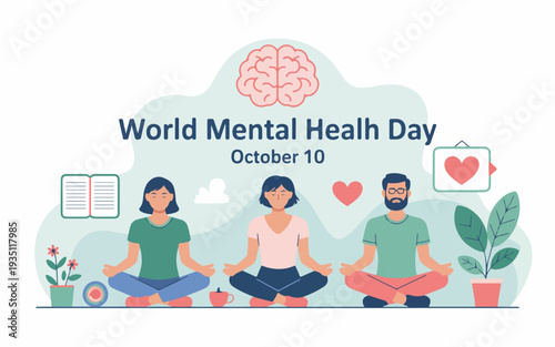 People meditating for world mental health day on october 10th with plants and hearts
