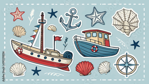 Nautical sticker set with boats, anchors, and seashells for coastal designs
