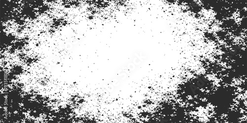 Abstract black and white grunge background with a dark ink splash texture featuring a dirty paint splatter border and artistic vector stain elements on a silhouette paper design