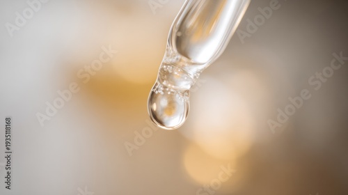 Minimalist studio composition of a crystal-clear droplet falling from a laboratory-style glass dropper against a clean background. bar promotions, designed for packaging concepts