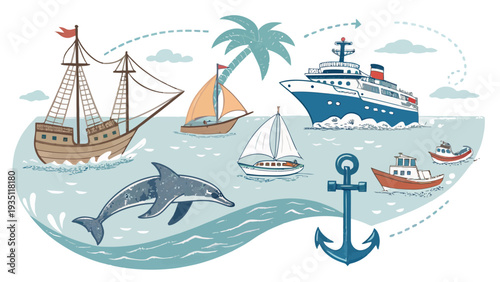 Stunning ocean scene with ships and dolphin illustration