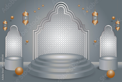 Luxury 3d podium with silver Islamic arches and golden lanterns for Ramadan, Eid, or premium product display stage.