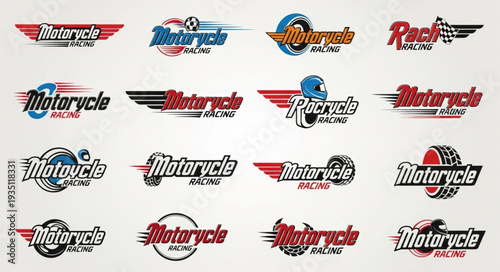 Motorcycle racing logos collection with dynamic speed elements and racing themes.